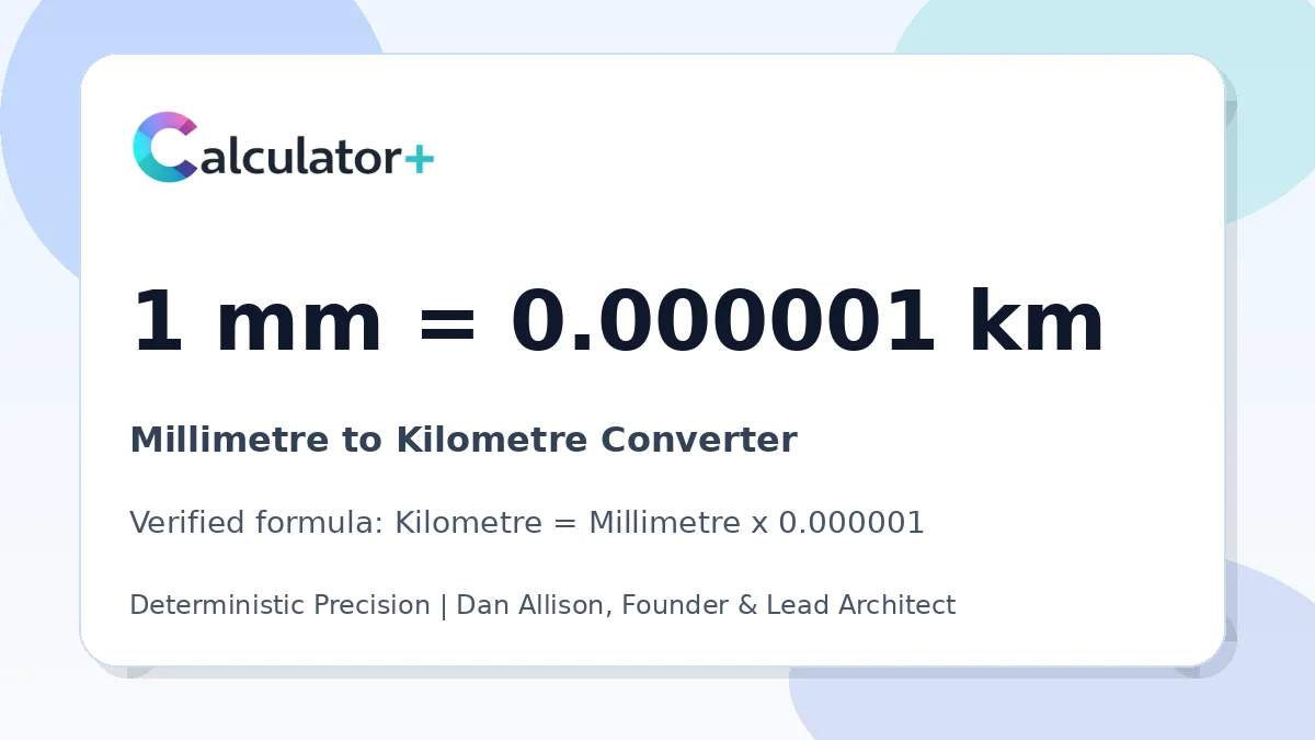 Millimetre to Kilometre conversion result card showing 1 mm equals 0.000001 km, verified by Calculator+.