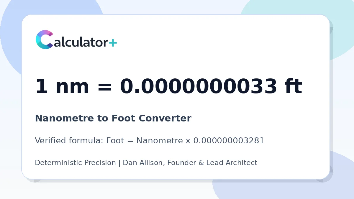 Nanometre to Foot conversion result card showing 1 nm equals 0.0000000033 ft, verified by Calculator+.