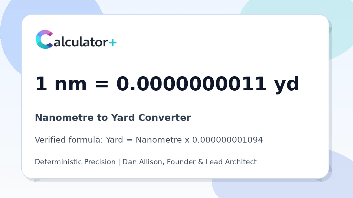 Nanometre to Yard conversion result card showing 1 nm equals 0.0000000011 yd, verified by Calculator+.