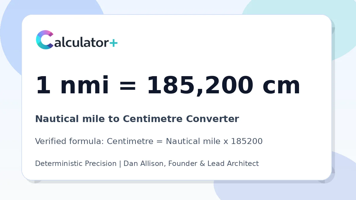 Nautical mile to Centimetre conversion result card showing 1 nmi equals 185,200 cm, verified by Calculator+.
