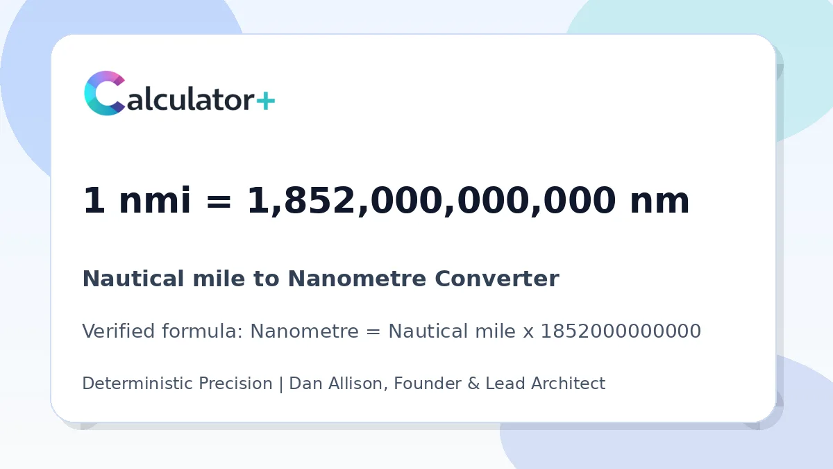 Nautical mile to Nanometre conversion result card showing 1 nmi equals 1,852,000,000,000 nm, verified by Calculator+.