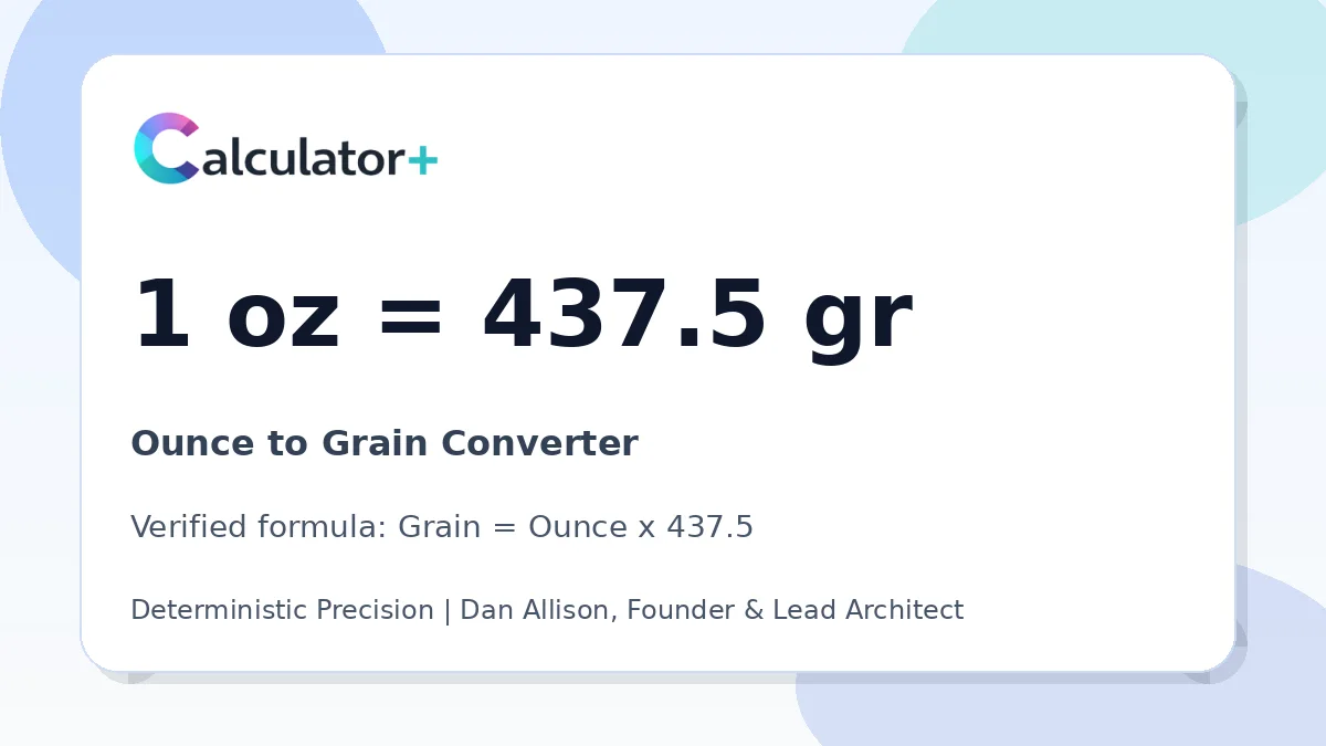 Ounce to Grain conversion result card showing 1 oz equals 437.5 gr, verified by Calculator+.