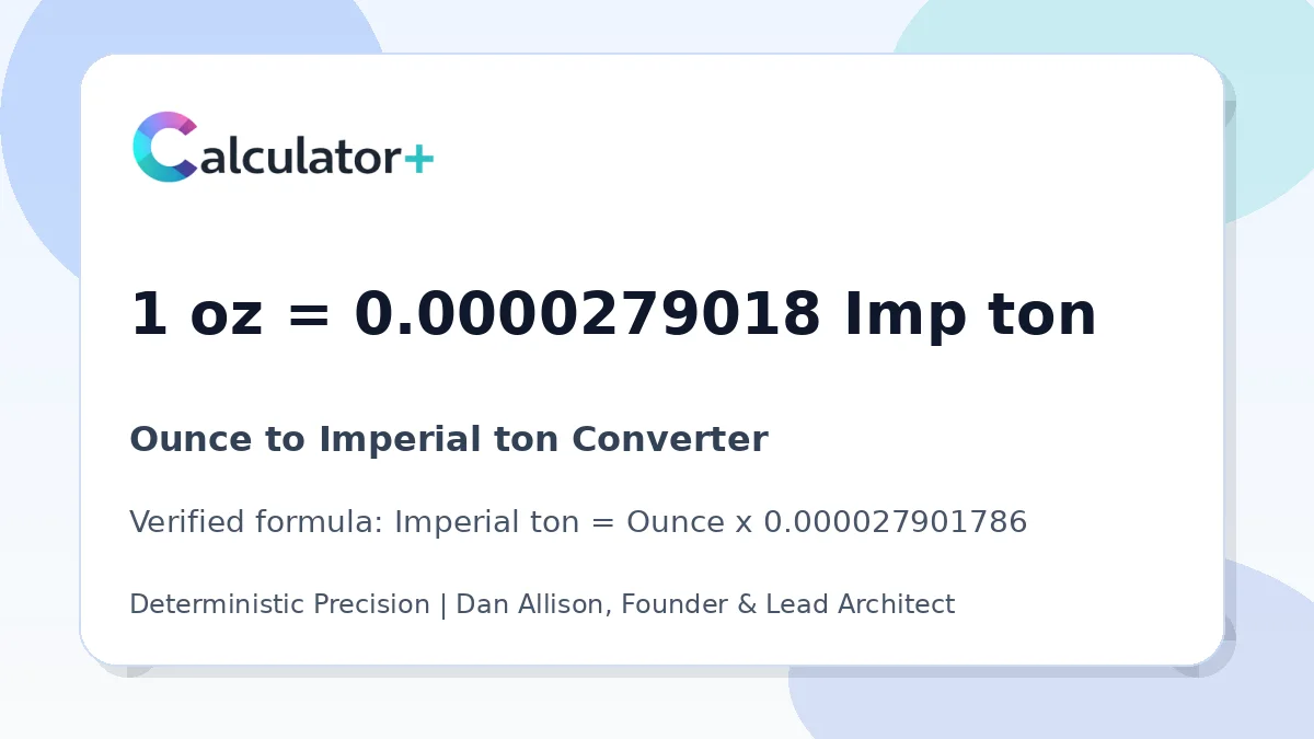 Ounce to Imperial ton conversion result card showing 1 oz equals 0.0000279018 Imp ton, verified by Calculator+.