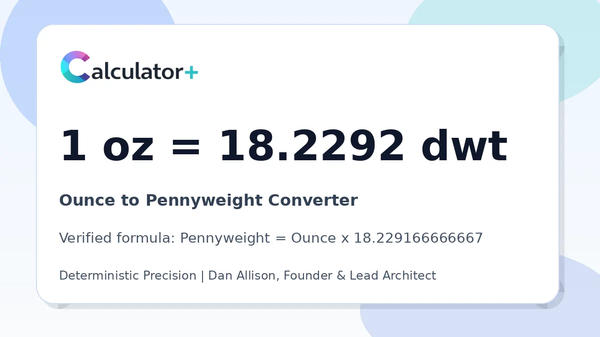 Ounce to Pennyweight conversion result card showing 1 oz equals 18.2292 dwt, verified by Calculator+.