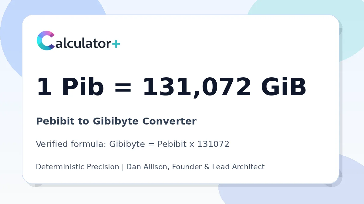 Pebibit to Gibibyte conversion result card showing 1 Pib equals 131,072 GiB, verified by Calculator+.