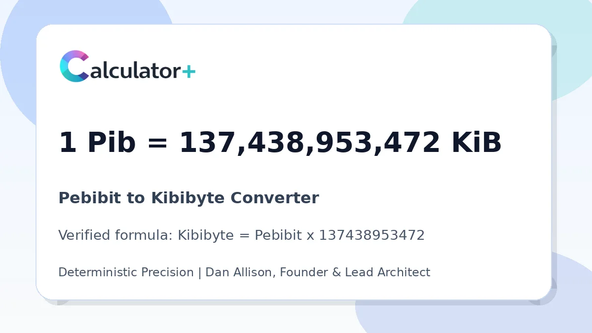 Pebibit to Kibibyte conversion result card showing 1 Pib equals 137,438,953,472 KiB, verified by Calculator+.