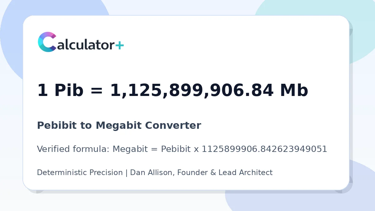 Pebibit to Megabit conversion result card showing 1 Pib equals 1,125,899,906.84 Mb, verified by Calculator+.