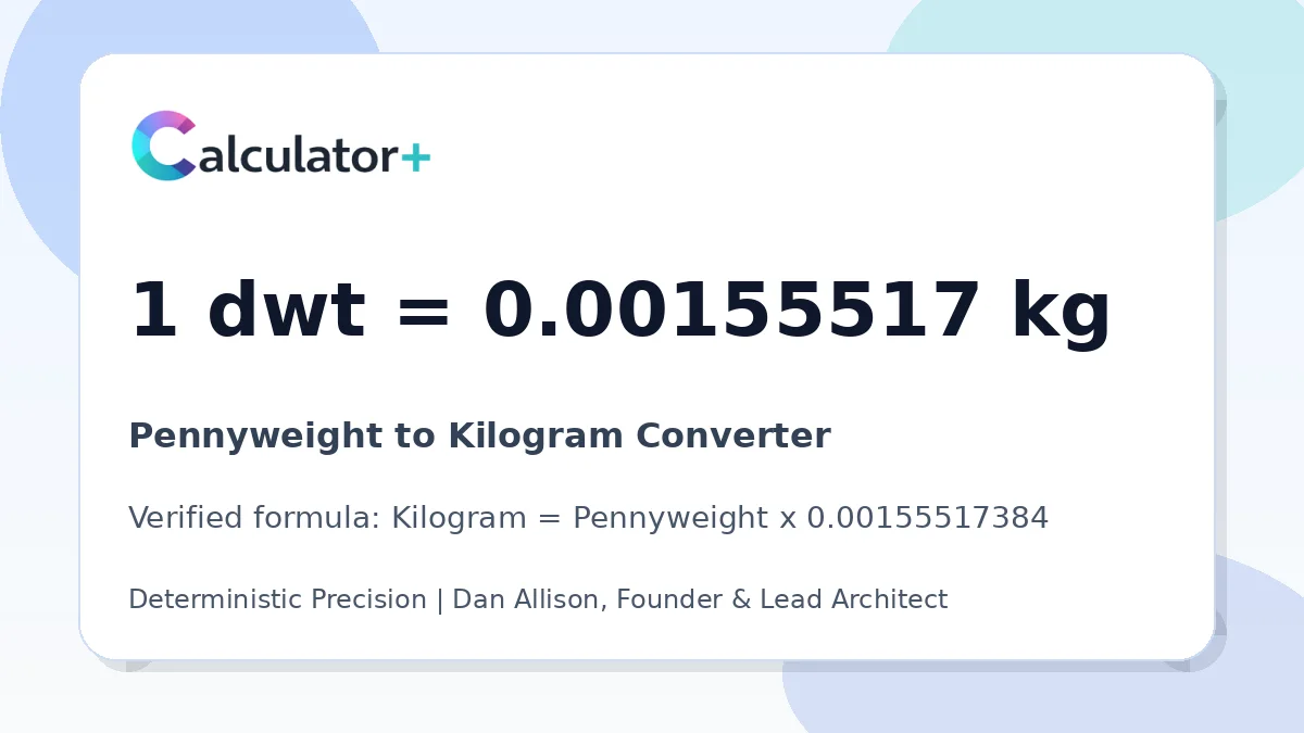 Pennyweight to Kilogram conversion result card showing 1 dwt equals 0.00155517 kg, verified by Calculator+.
