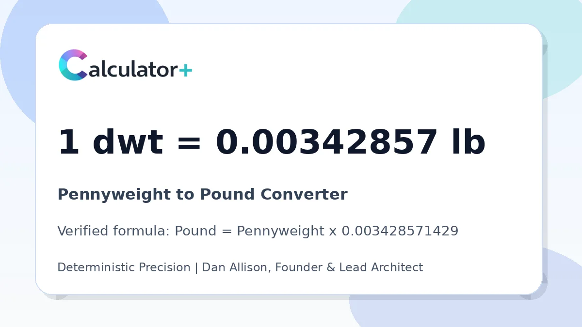 Pennyweight to Pound conversion result card showing 1 dwt equals 0.00342857 lb, verified by Calculator+.
