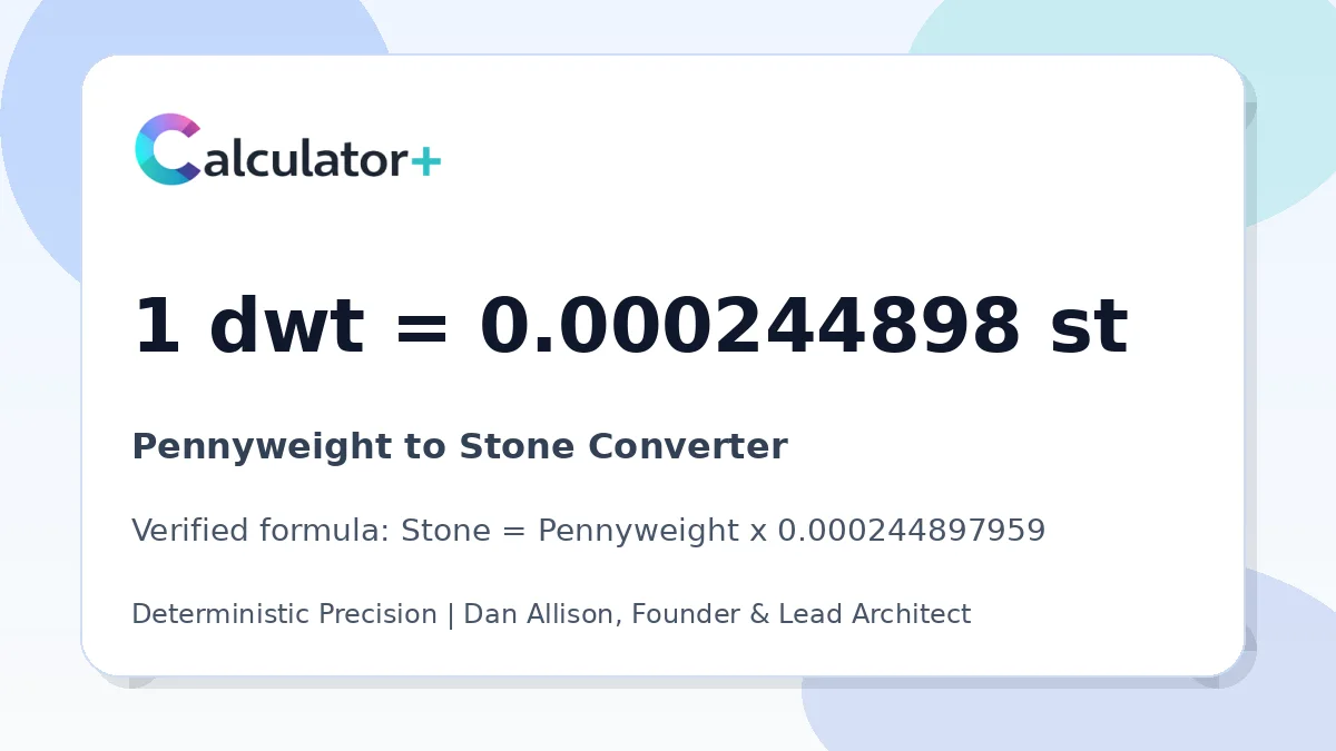 Pennyweight to Stone conversion result card showing 1 dwt equals 0.000244898 st, verified by Calculator+.