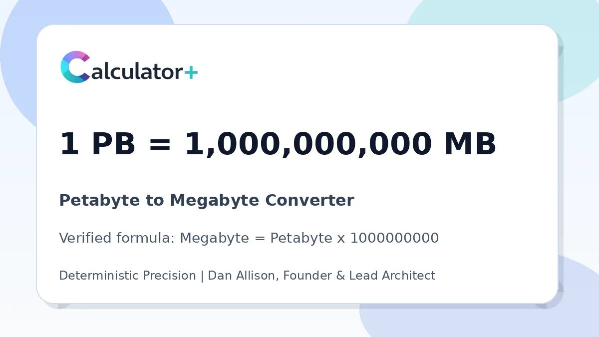 Petabyte to Megabyte conversion result card showing 1 PB equals 1,000,000,000 MB, verified by Calculator+.