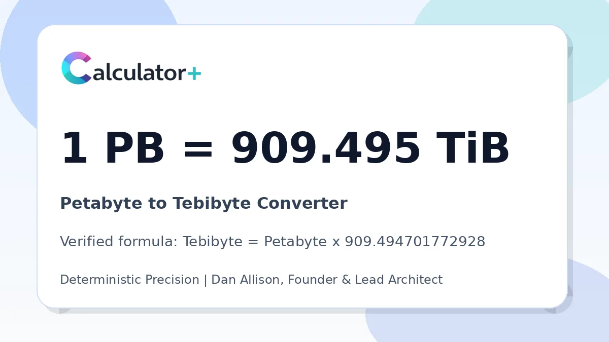 Petabyte to Tebibyte conversion result card showing 1 PB equals 909.495 TiB, verified by Calculator+.