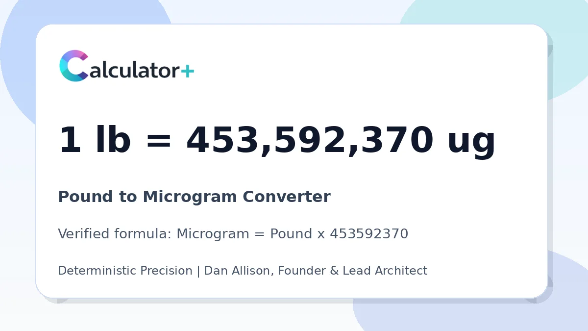 Pound to Microgram conversion result card showing 1 lb equals 453,592,370 ug, verified by Calculator+.