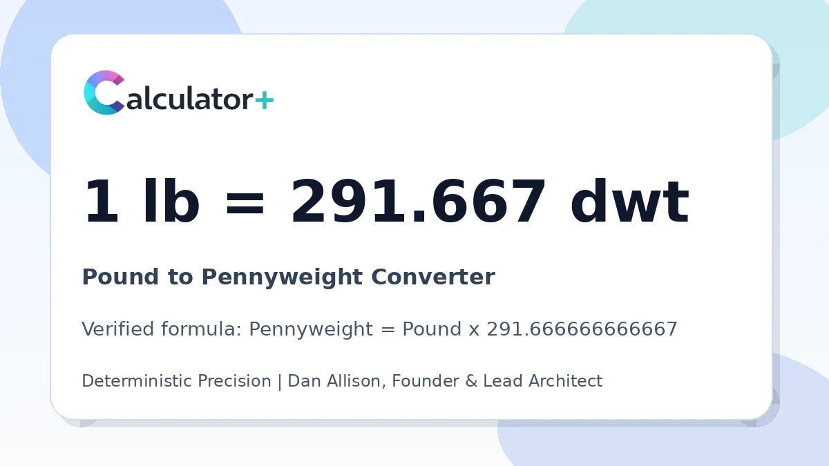 Pound to Pennyweight conversion result card showing 1 lb equals 291.667 dwt, verified by Calculator+.