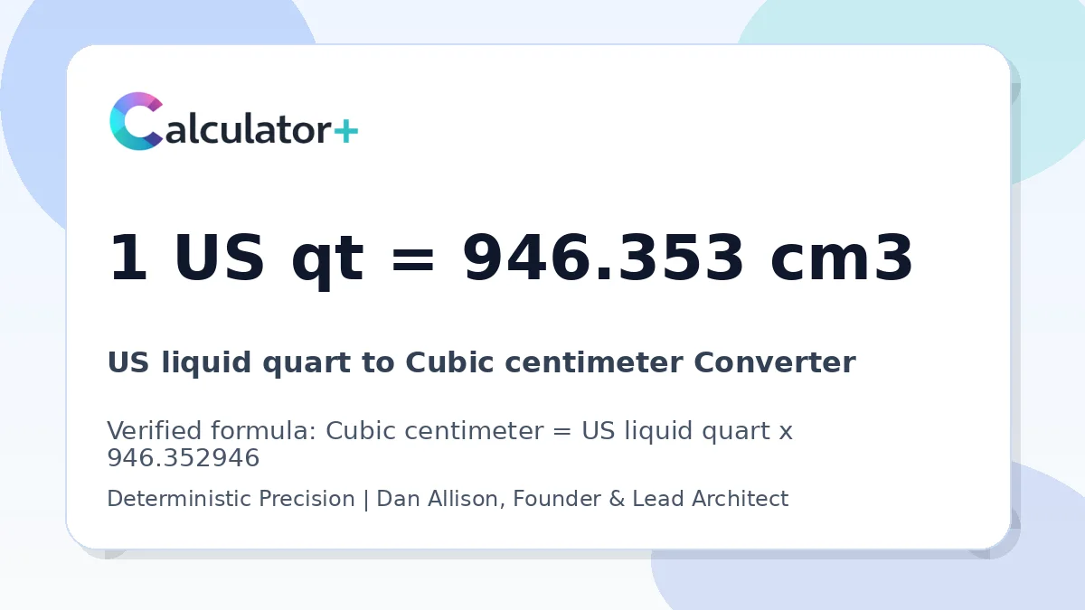 US liquid quart to Cubic centimeter conversion result card showing 1 US qt equals 946.353 cm3, verified by Calculator+.