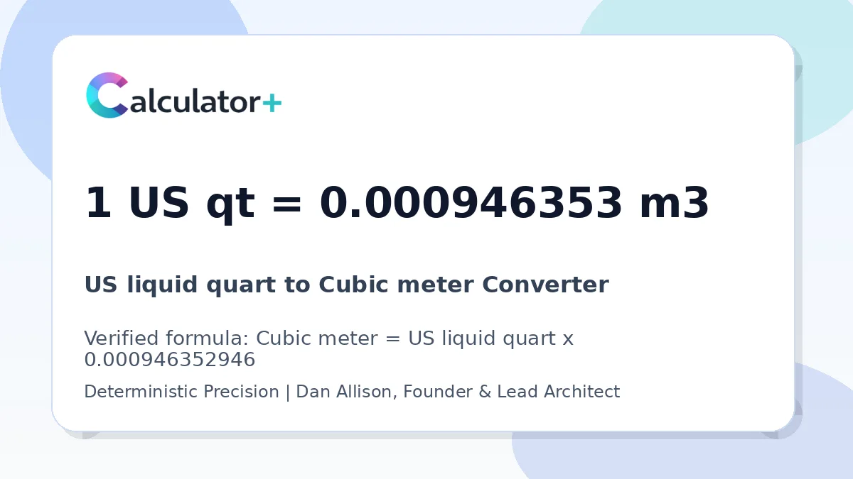 US liquid quart to Cubic meter conversion result card showing 1 US qt equals 0.000946353 m3, verified by Calculator+.
