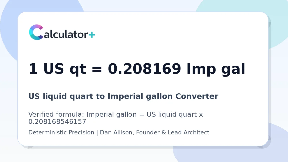 US liquid quart to Imperial gallon conversion result card showing 1 US qt equals 0.208169 Imp gal, verified by Calculator+.