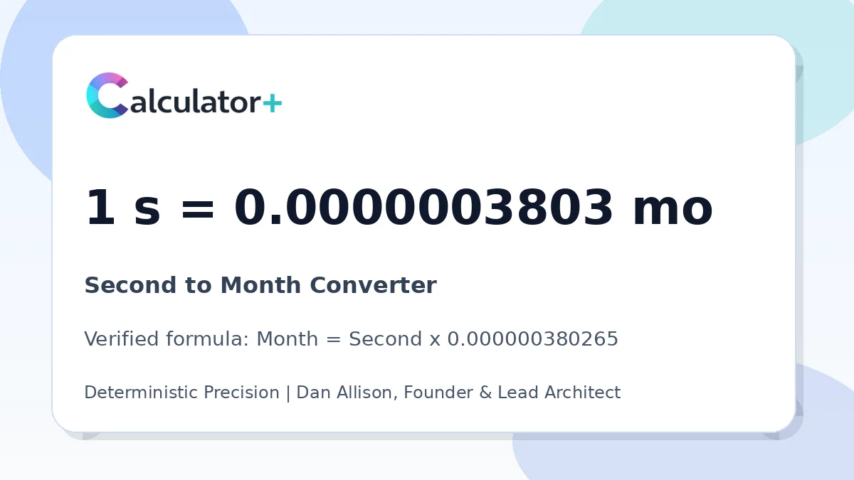 Second to Month conversion result card showing 1 s equals 0.0000003803 mo, verified by Calculator+.