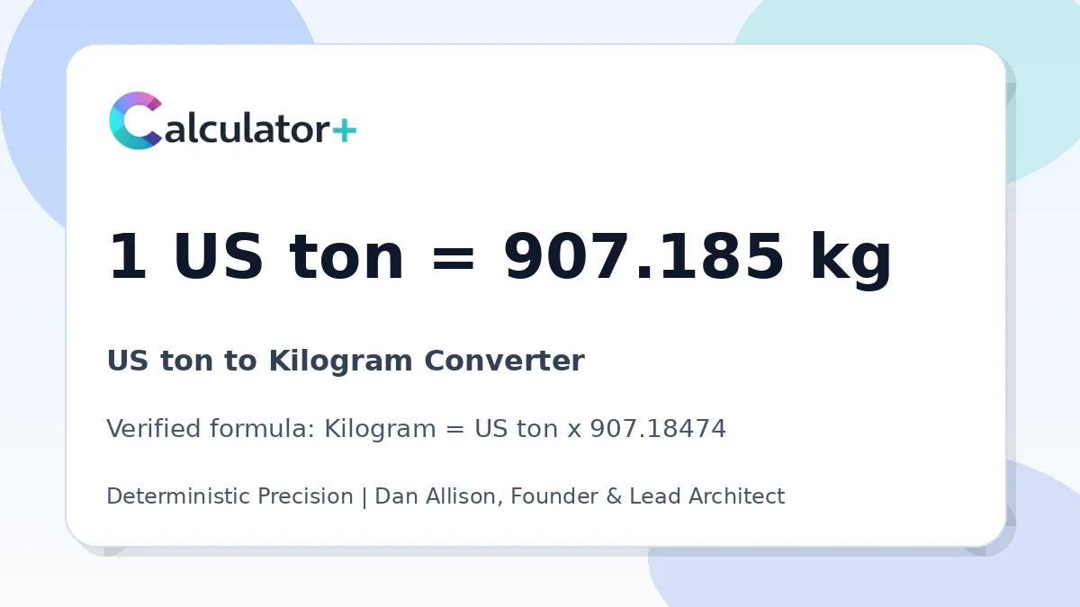 US ton to Kilogram conversion result card showing 1 US ton equals 907.185 kg, verified by Calculator+.