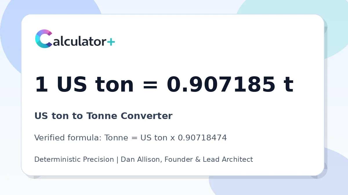 US ton to Tonne conversion result card showing 1 US ton equals 0.907185 t, verified by Calculator+.