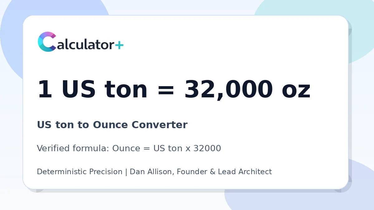 US ton to Ounce conversion result card showing 1 US ton equals 32,000 oz, verified by Calculator+.