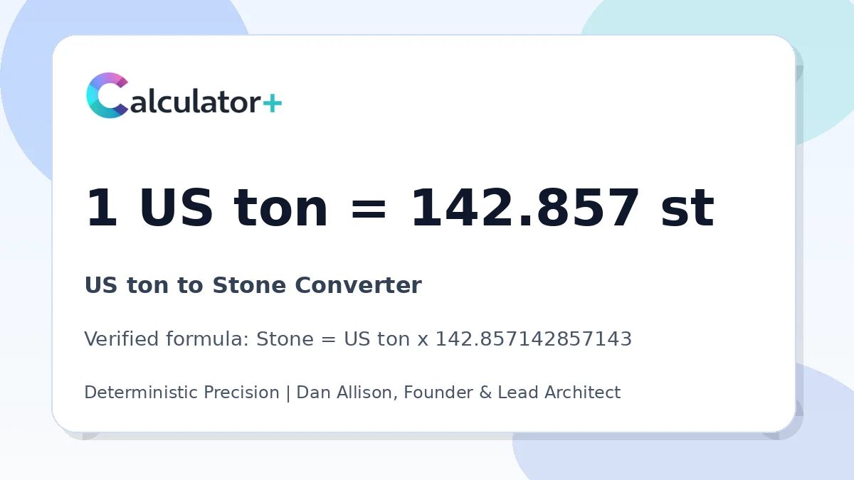 US ton to Stone conversion result card showing 1 US ton equals 142.857 st, verified by Calculator+.