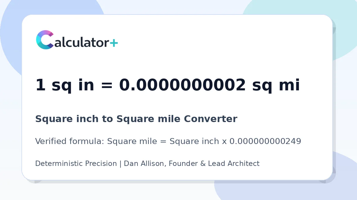 Square inch to Square mile conversion result card showing 1 sq in equals 0.0000000002 sq mi, verified by Calculator+.