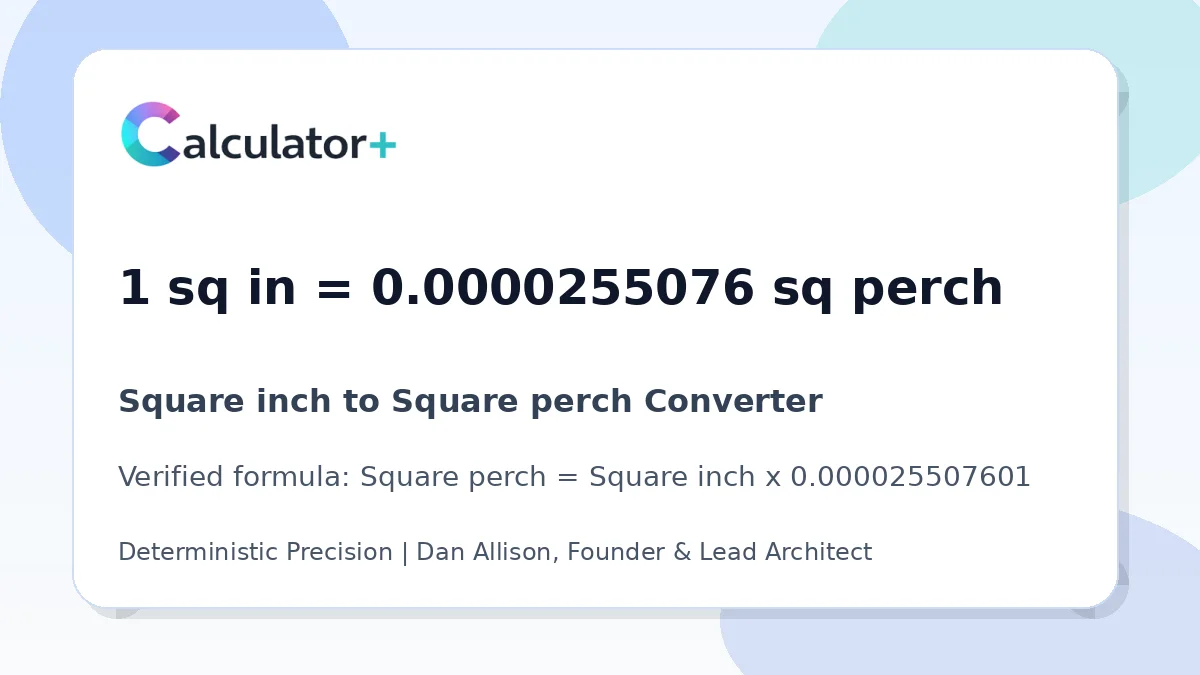 Square inch to Square perch conversion result card showing 1 sq in equals 0.0000255076 sq perch, verified by Calculator+.