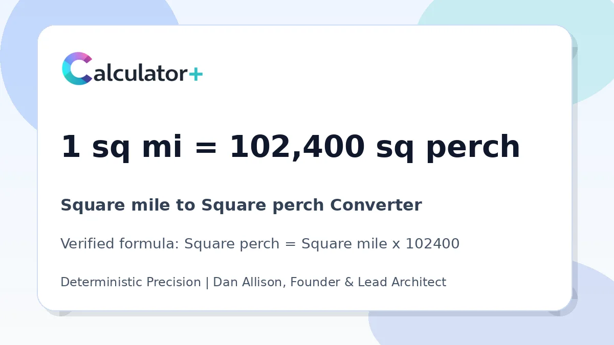 Square mile to Square perch conversion result card showing 1 sq mi equals 102,400 sq perch, verified by Calculator+.