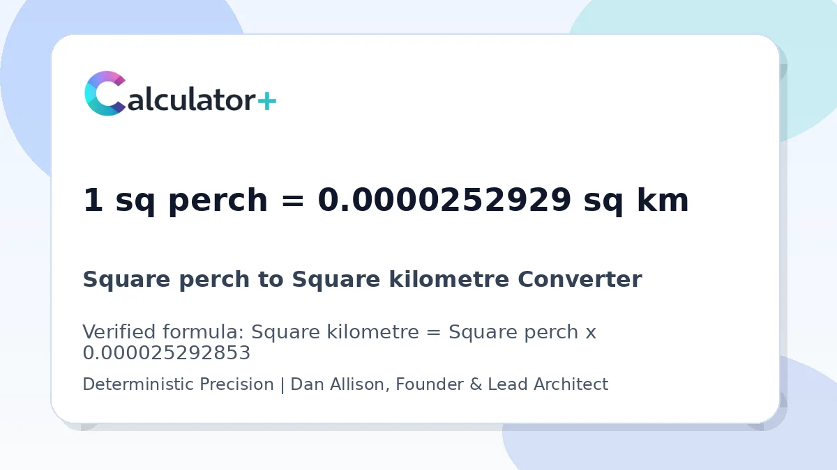 Square perch to Square kilometre conversion result card showing 1 sq perch equals 0.0000252929 sq km, verified by Calculator+.