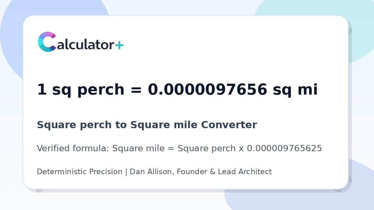 Square perch to Square mile conversion result card showing 1 sq perch equals 0.0000097656 sq mi, verified by Calculator+.
