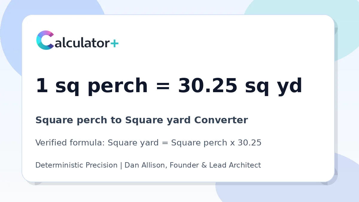 Square perch to Square yard conversion result card showing 1 sq perch equals 30.25 sq yd, verified by Calculator+.