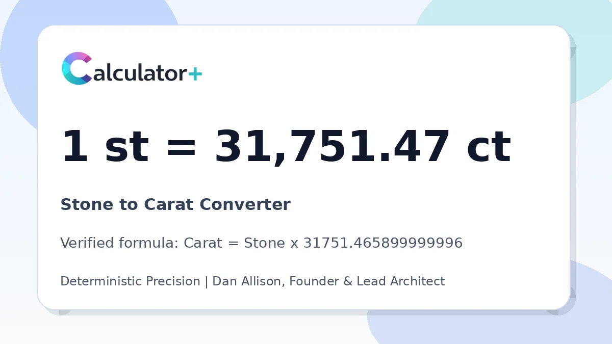 Stone to Carat conversion result card showing 1 st equals 31,751.47 ct, verified by Calculator+.