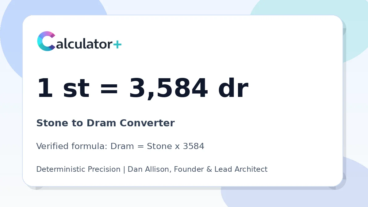Stone to Dram conversion result card showing 1 st equals 3,584 dr, verified by Calculator+.
