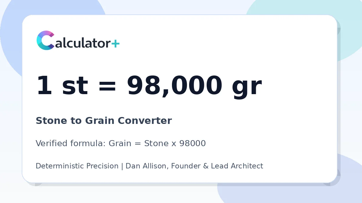 Stone to Grain conversion result card showing 1 st equals 98,000 gr, verified by Calculator+.