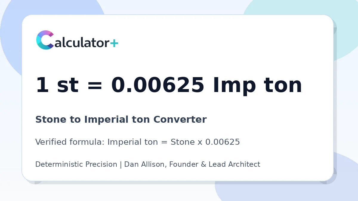 Stone to Imperial ton conversion result card showing 1 st equals 0.00625 Imp ton, verified by Calculator+.
