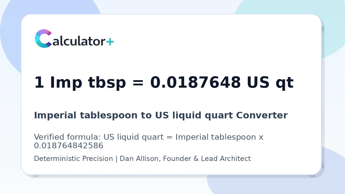 Imperial tablespoon to US liquid quart conversion result card showing 1 Imp tbsp equals 0.0187648 US qt, verified by Calculator+.