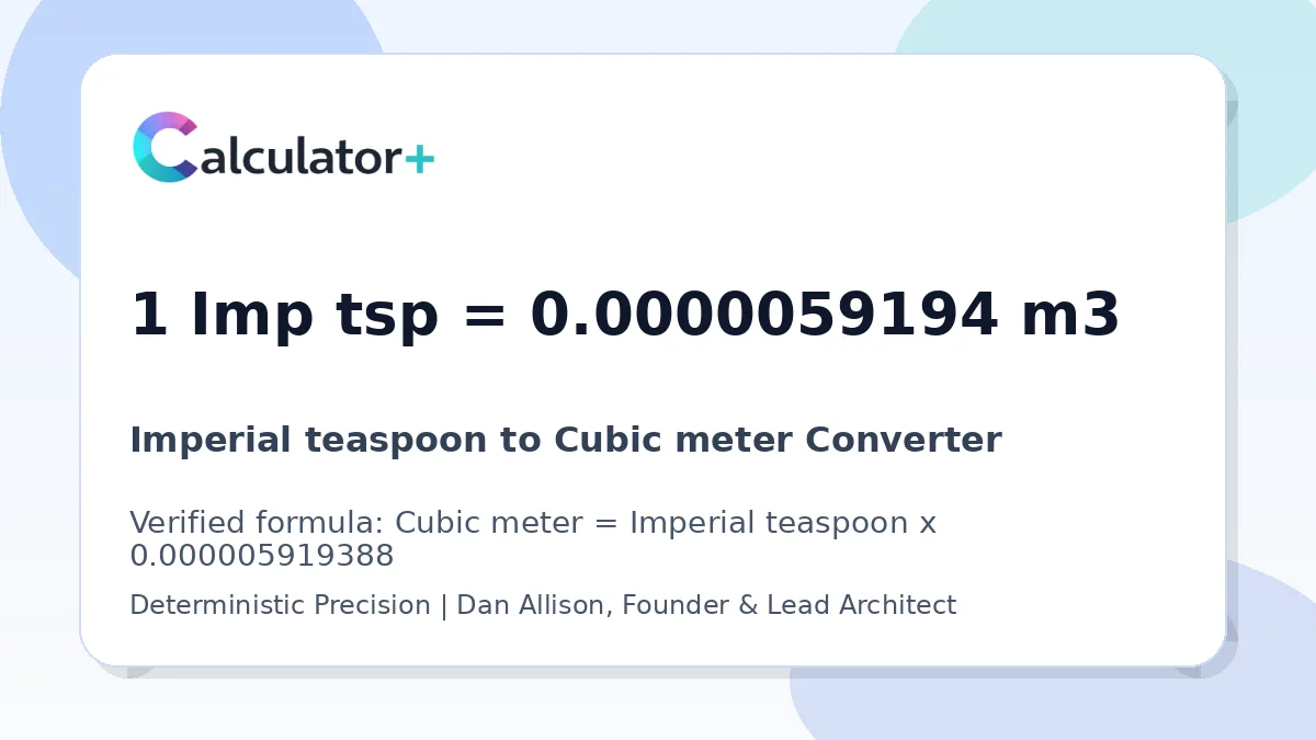 Imperial teaspoon to Cubic meter conversion result card showing 1 Imp tsp equals 0.0000059194 m3, verified by Calculator+.