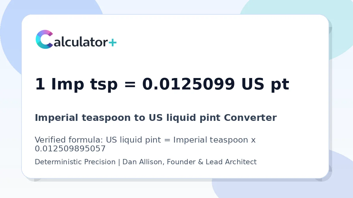 Imperial teaspoon to US liquid pint conversion result card showing 1 Imp tsp equals 0.0125099 US pt, verified by Calculator+.