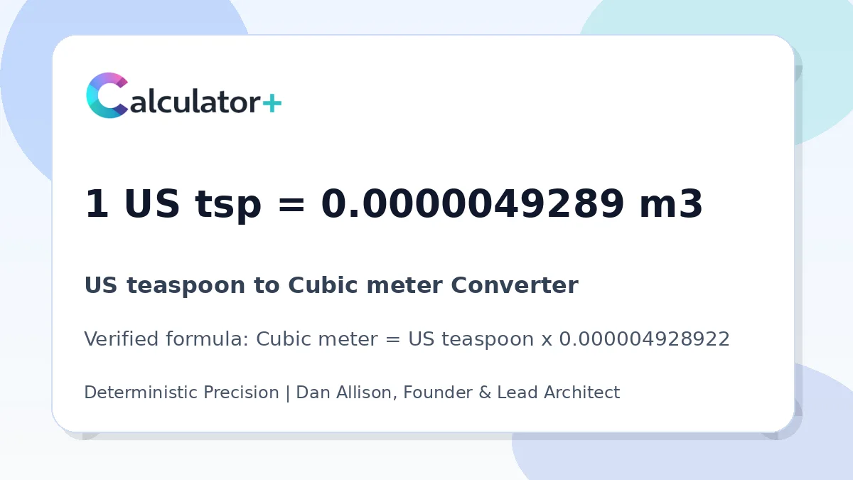 US teaspoon to Cubic meter conversion result card showing 1 US tsp equals 0.0000049289 m3, verified by Calculator+.