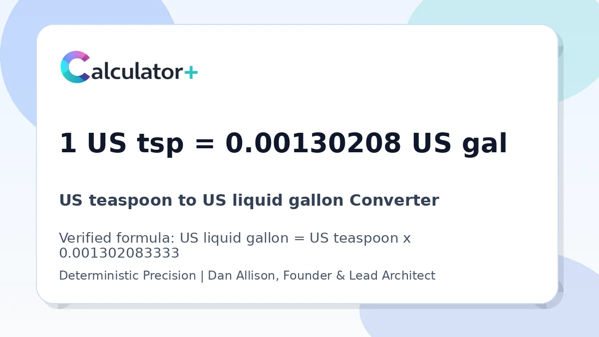 US teaspoon to US liquid gallon conversion result card showing 1 US tsp equals 0.00130208 US gal, verified by Calculator+.