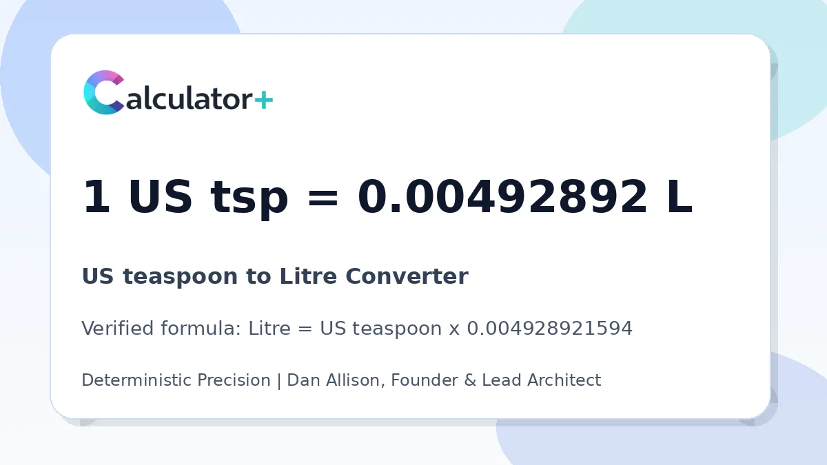 US teaspoon to Litre conversion result card showing 1 US tsp equals 0.00492892 L, verified by Calculator+.