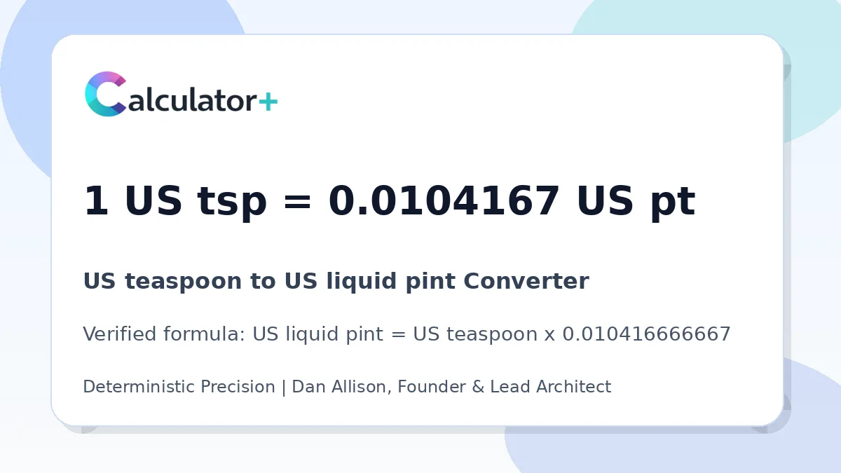 US teaspoon to US liquid pint conversion result card showing 1 US tsp equals 0.0104167 US pt, verified by Calculator+.
