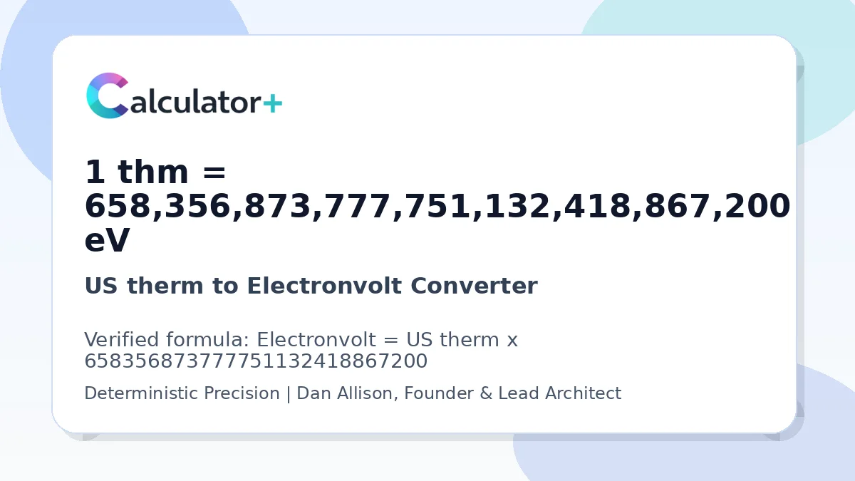 US therm to Electronvolt conversion result card showing 1 thm equals 658,356,873,777,751,132,418,867,200 eV, verified by Calculator+.