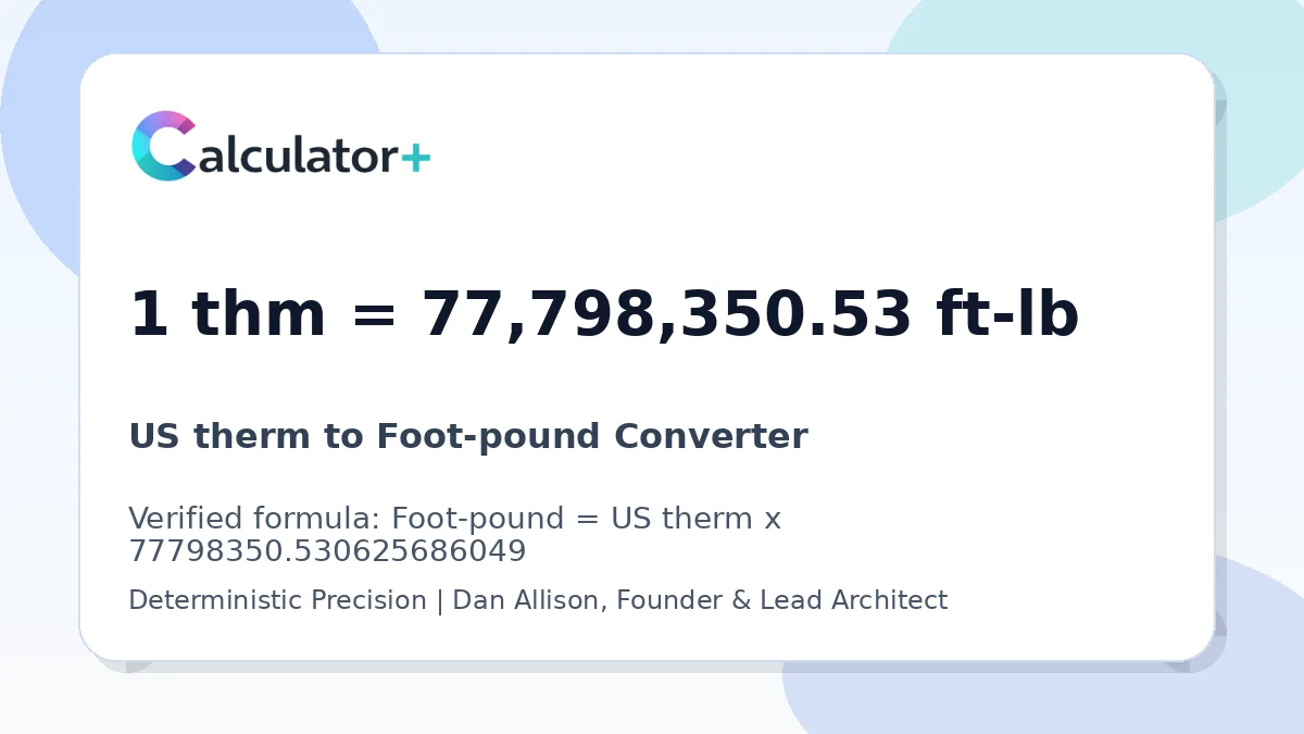 US therm to Foot-pound conversion result card showing 1 thm equals 77,798,350.53 ft-lb, verified by Calculator+.