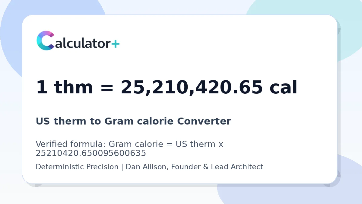 US therm to Gram calorie conversion result card showing 1 thm equals 25,210,420.65 cal, verified by Calculator+.