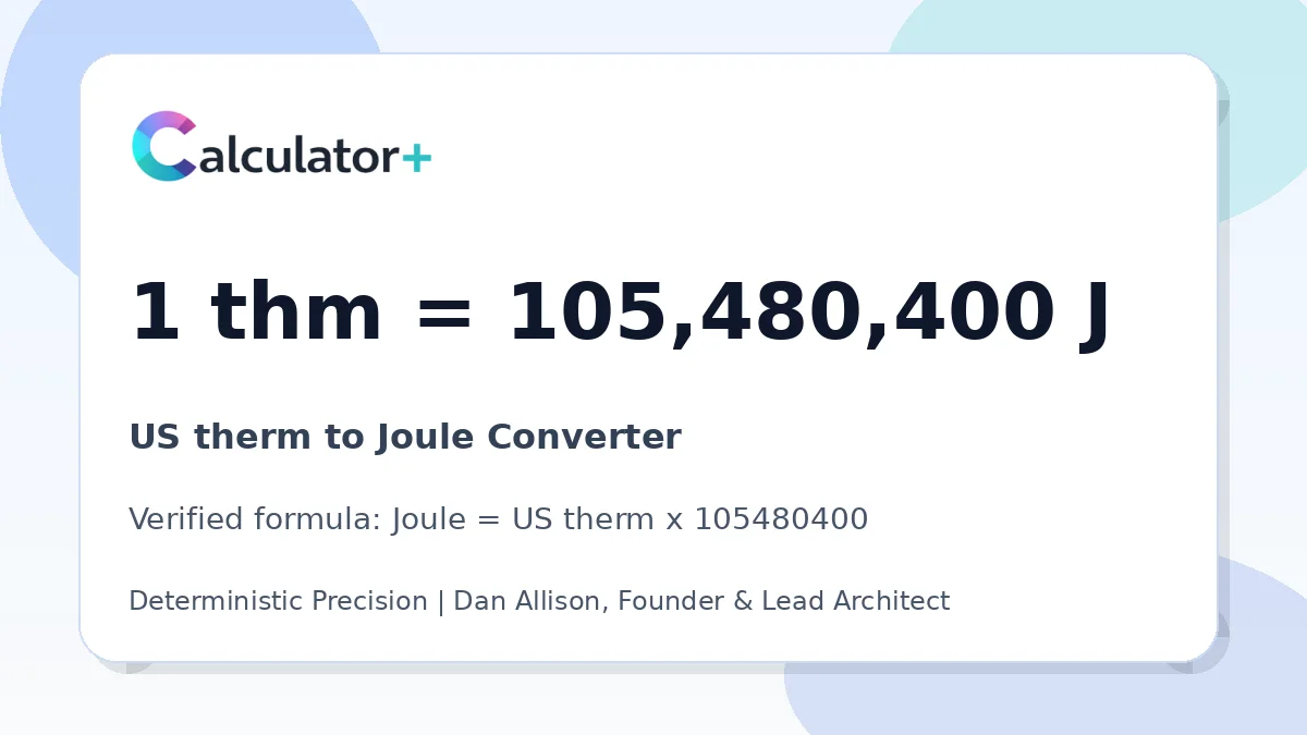 US therm to Joule conversion result card showing 1 thm equals 105,480,400 J, verified by Calculator+.