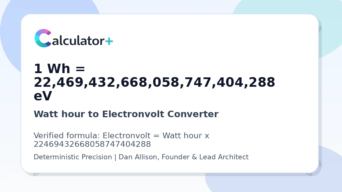 Watt hour to Electronvolt conversion result card showing 1 Wh equals 22,469,432,668,058,747,404,288 eV, verified by Calculator+.