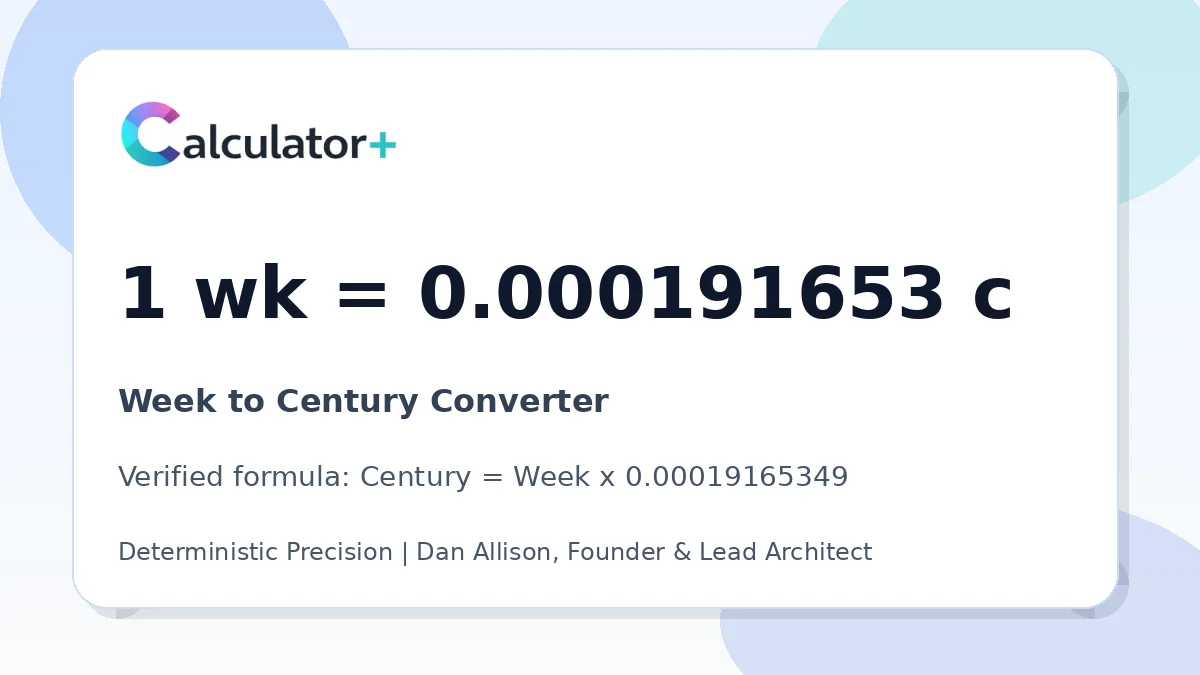 Week to Century conversion result card showing 1 wk equals 0.000191653 c, verified by Calculator+.
