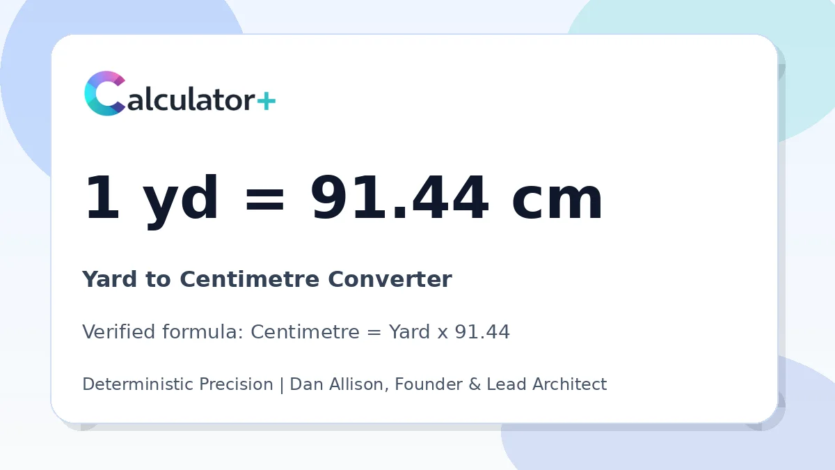 Yard to Centimetre conversion result card showing 1 yd equals 91.44 cm, verified by Calculator+.